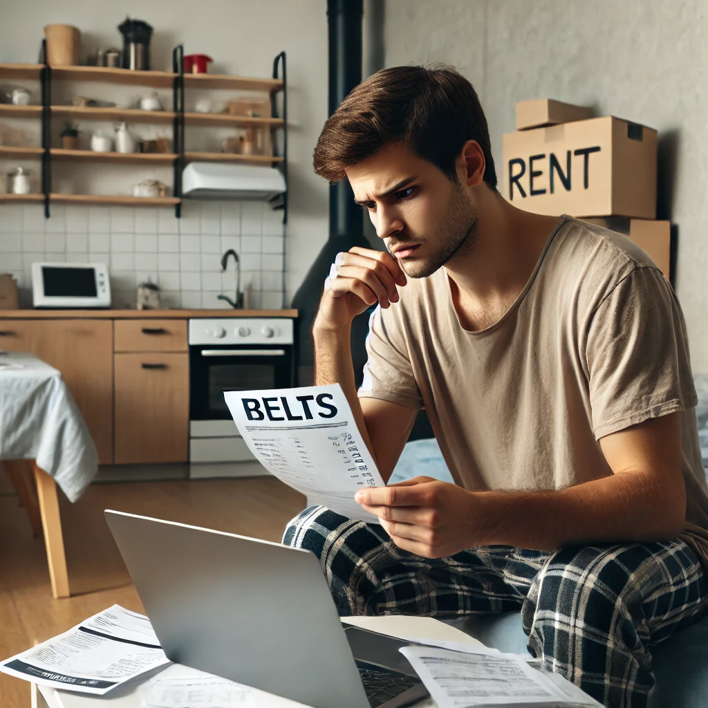 월세 걱정을 하며 계산기를 사용하는 청년