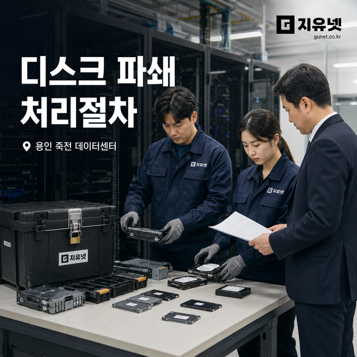 용인 죽전 데이터센터에서 HDD와 SSD 파쇄 처리 절차를 확인하는 지유넷 데이터파기 작업 현장