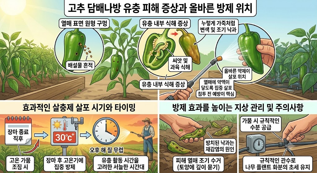 고추 열매 옆면에 작은 원형 구멍이 뚫려 있고 그 주변으로 갈색 배설물이 묻어 있는 모습과 늦은 오후에 재배자가 살충제를 살포하는 현장 설명 삽화