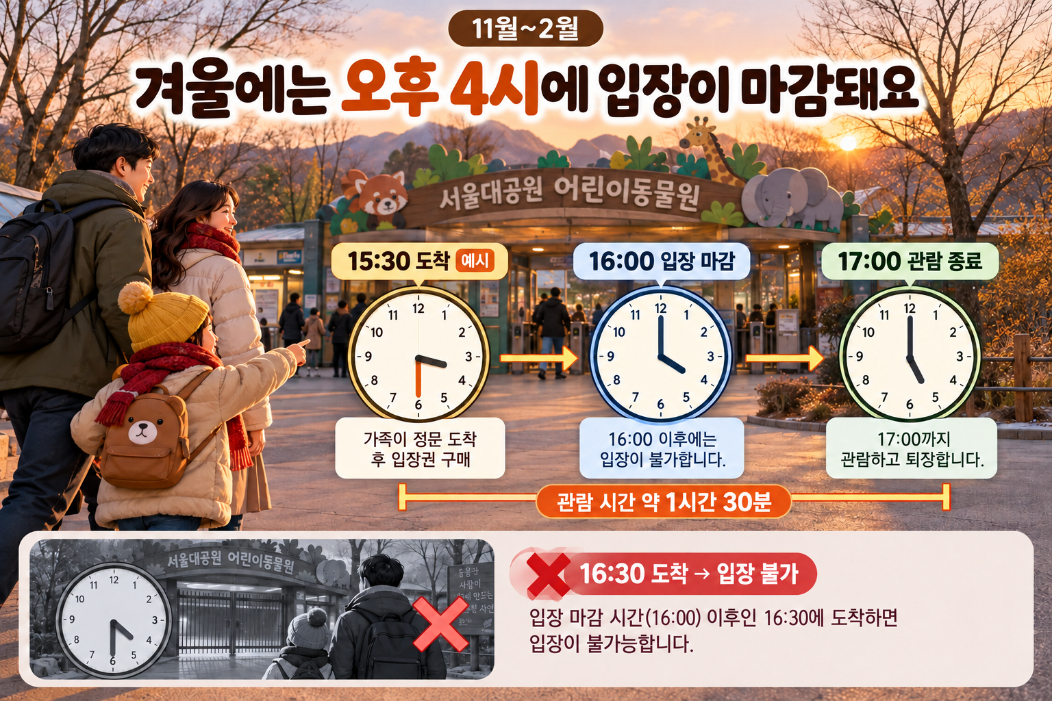 11월부터 2월까지 오후 3시 30분 도착 예시와 오후 4시 입장 마감·5시 관람 종료