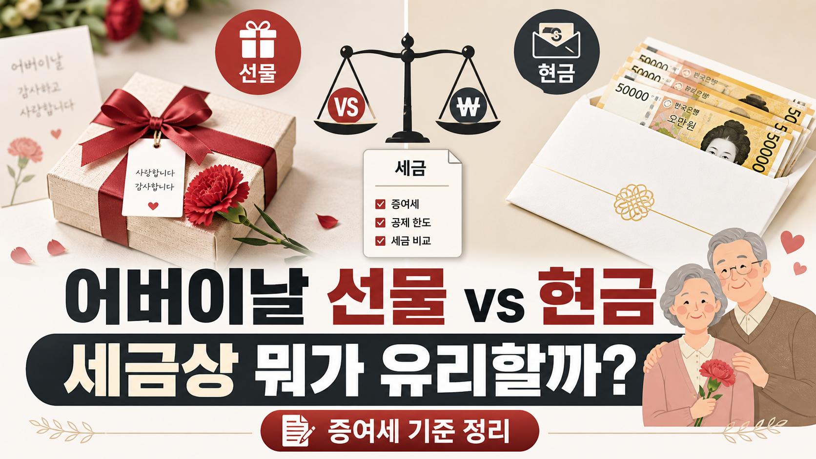 어버이날 선물 세금, 부모님 현금 증여세, 증여재산공제 기준을 비교한 썸네일 이미지
