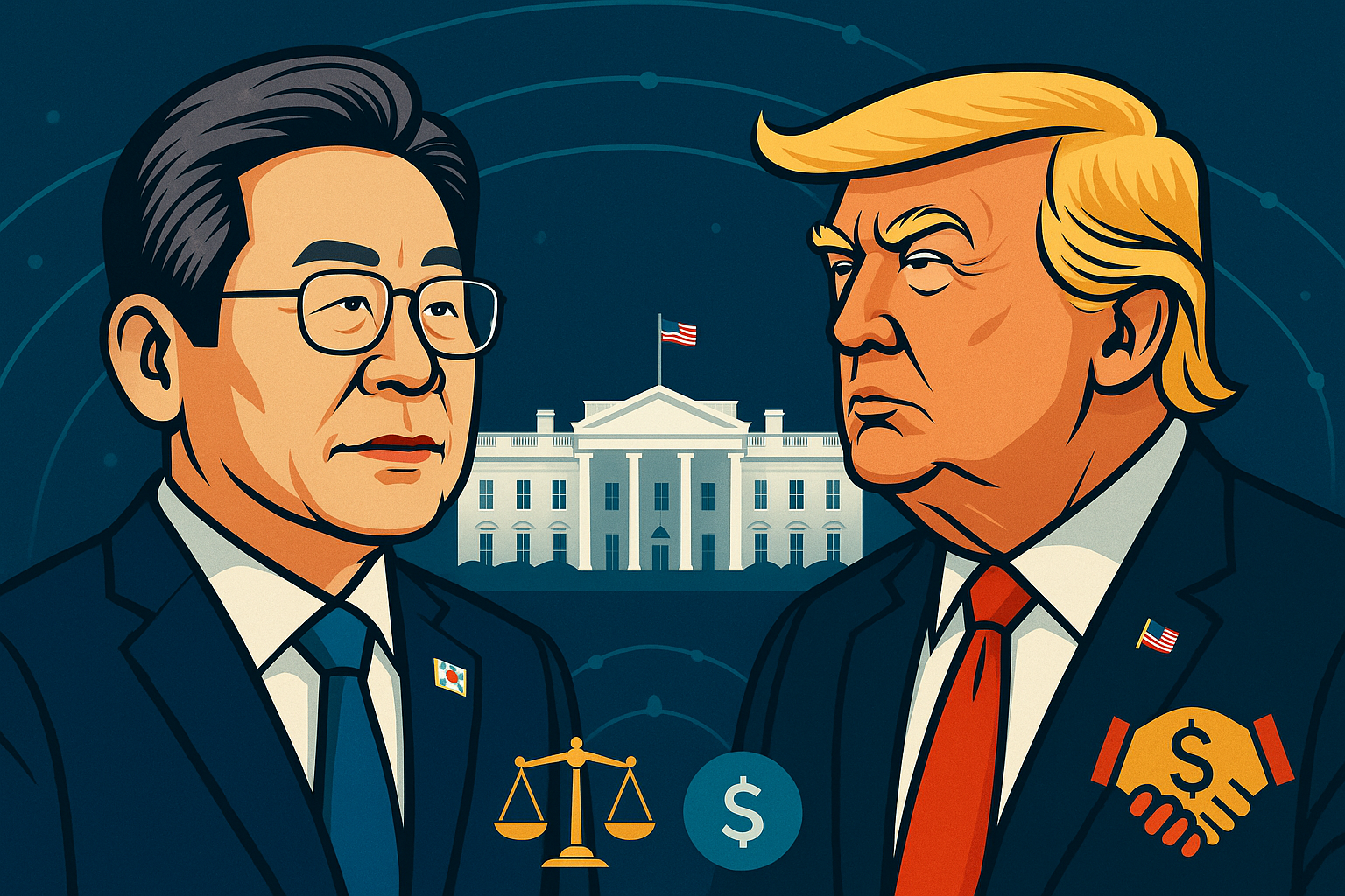 이재명 대통령과 도널드 트럼프 대통령이 백악관을 사이에 두고 마주보는 편집용 일러스트&mdash;실용 외교와 거래적 외교의 대비