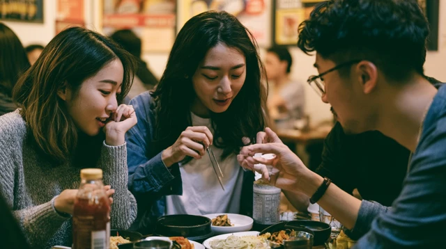 식당에서 음식을 나누는 맛집 탐방 모임
