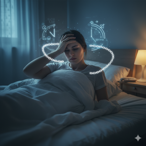 침대에서 피곤해하는 사람