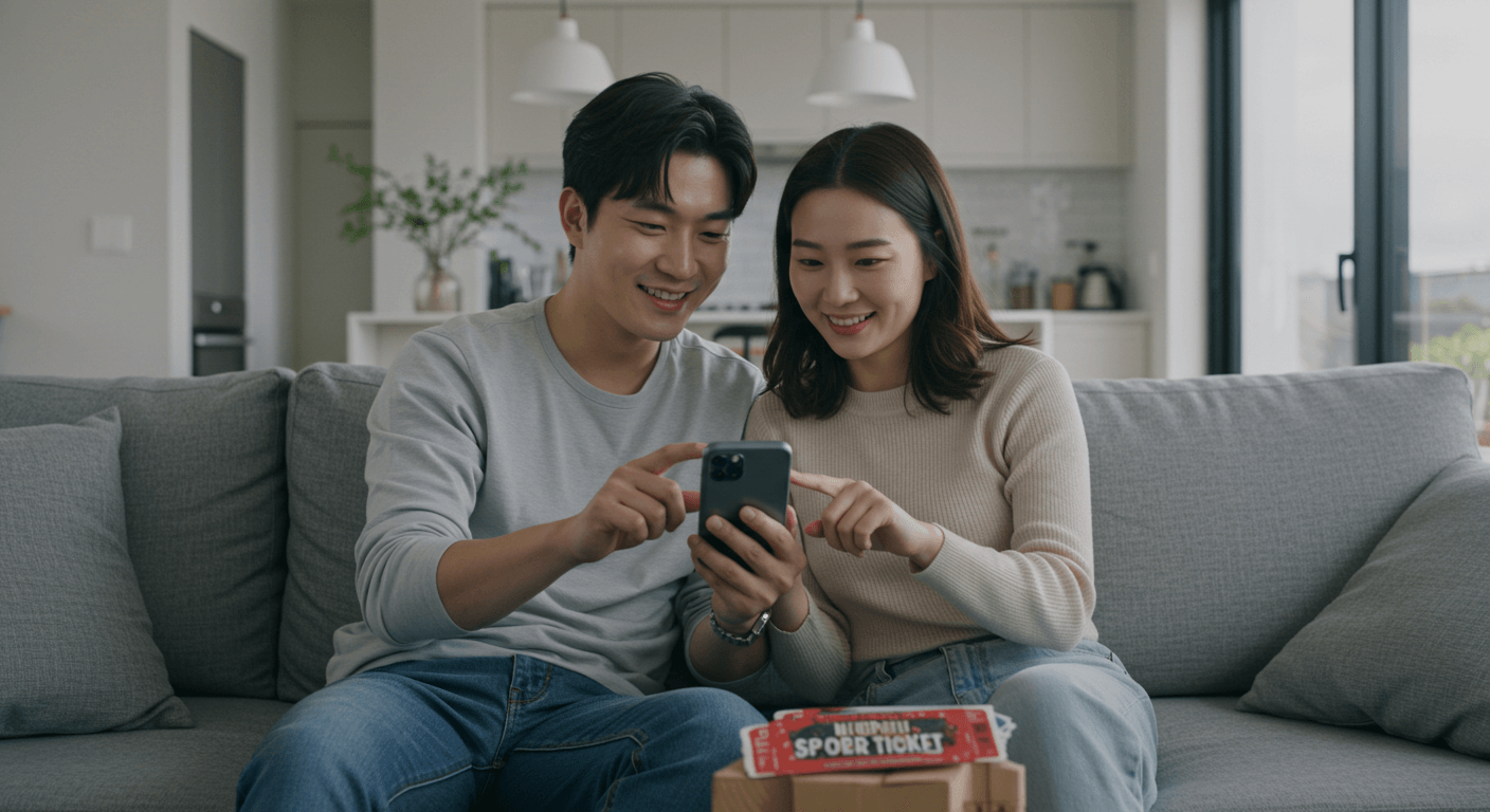 커플이 스마트폰으로 불꽃축제 티켓을 예매하는 장면 1