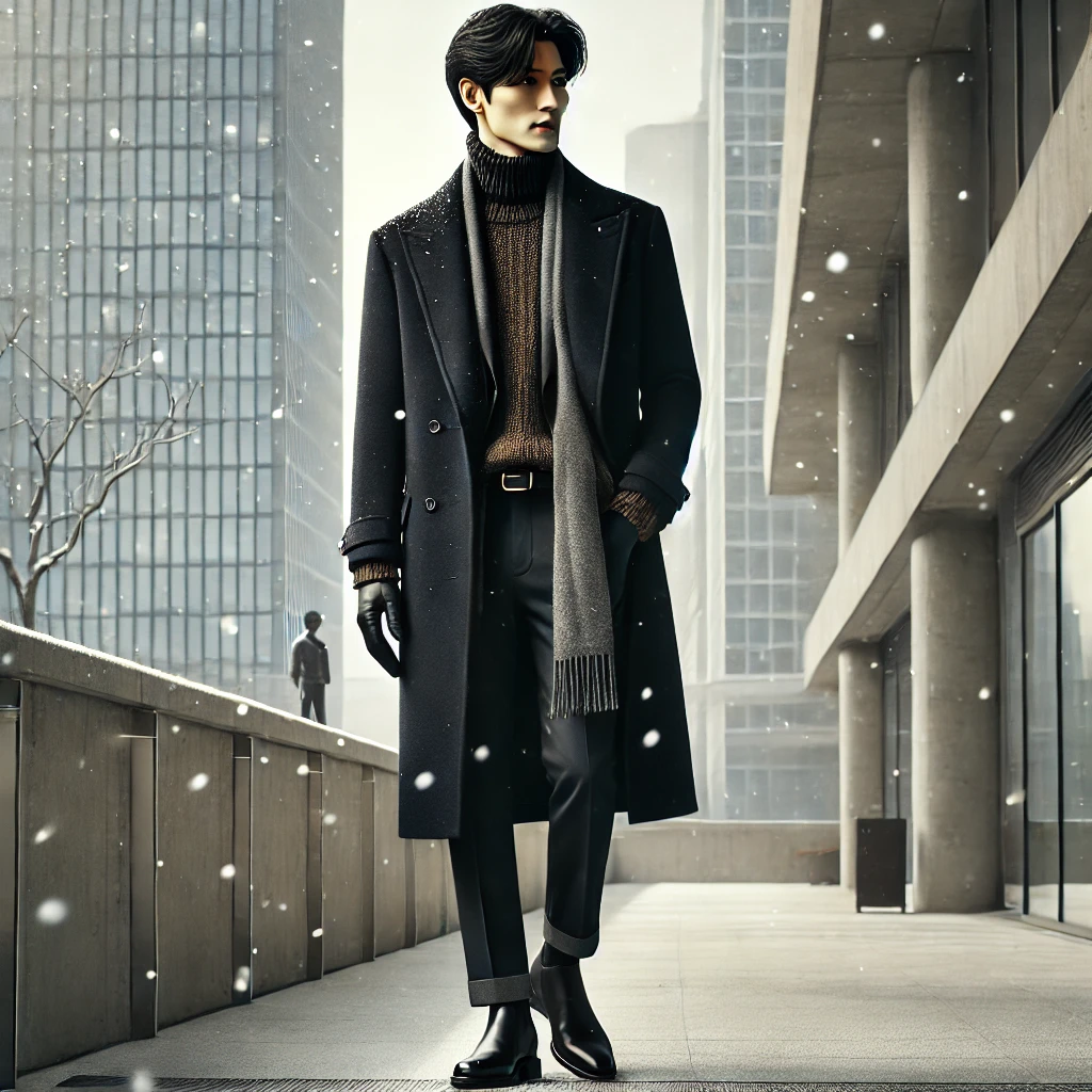 눈오는 길에서 멋있게 코트를 입은 남성의 이미지