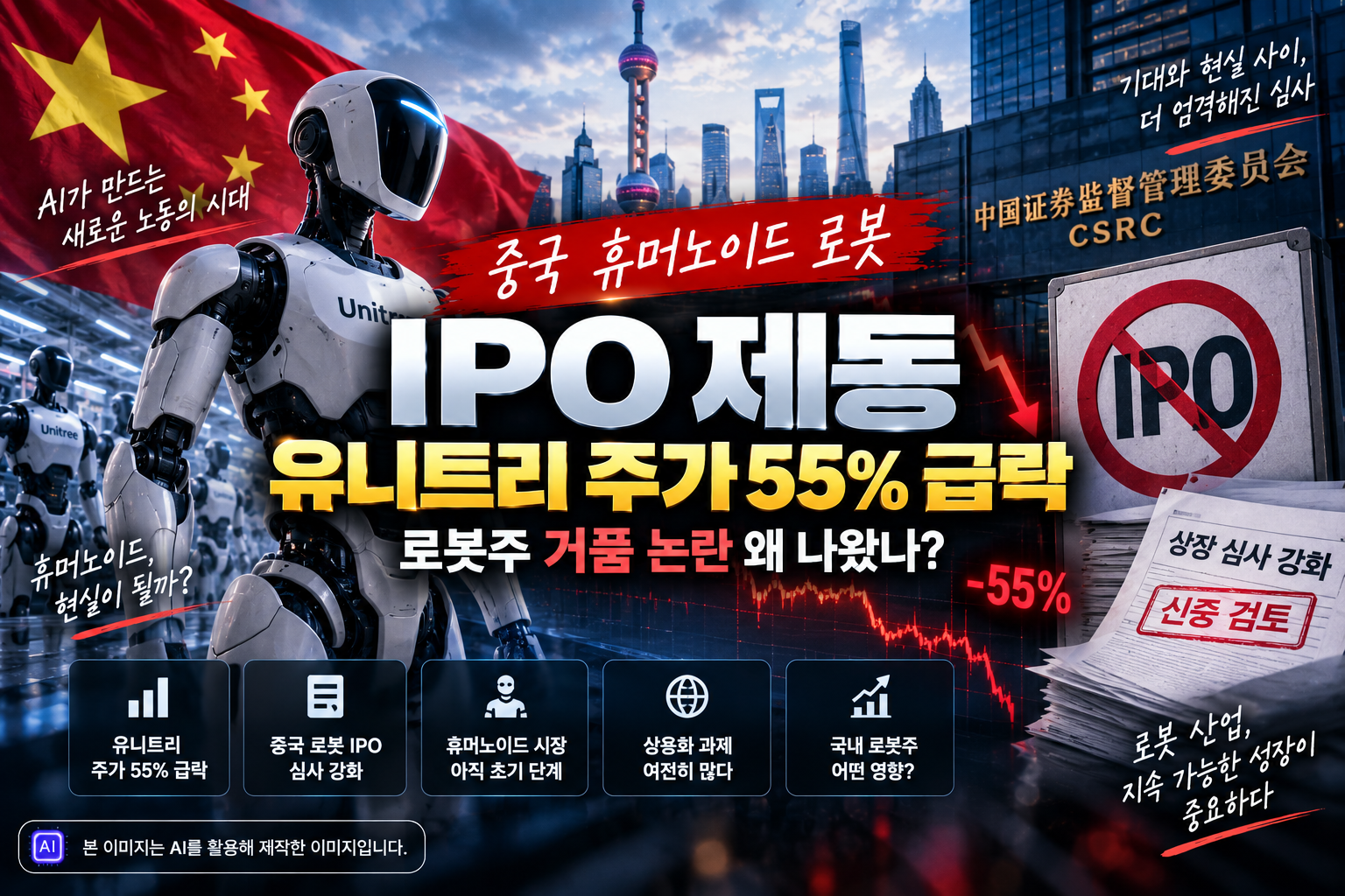중국 휴머노이드 로봇 IPO 심사 강화와 유니트리 주가 55% 급락, 로봇주 거품 논란