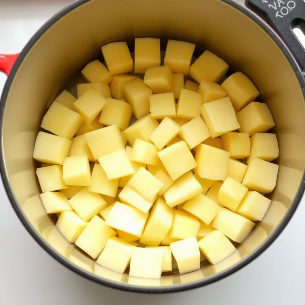 잘라둔 감자를 냄비 바닥에 평평하게 깔거나, 냄비에 조심스럽게 담는 모습입니다. 냄비의 크기와 감자의 양이 적절한지 보여줄 수 있습니다.