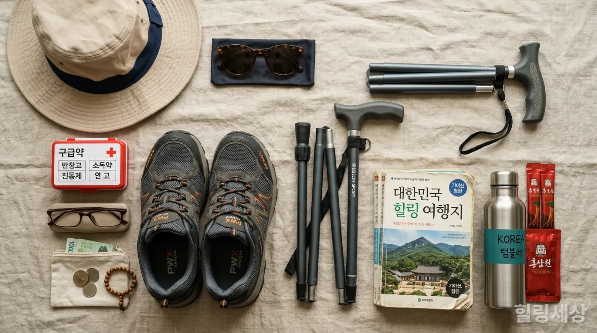 시니어 여행을 위한 편안한 신발, 상비약, 모자 등 필수 준비물 평면 사진