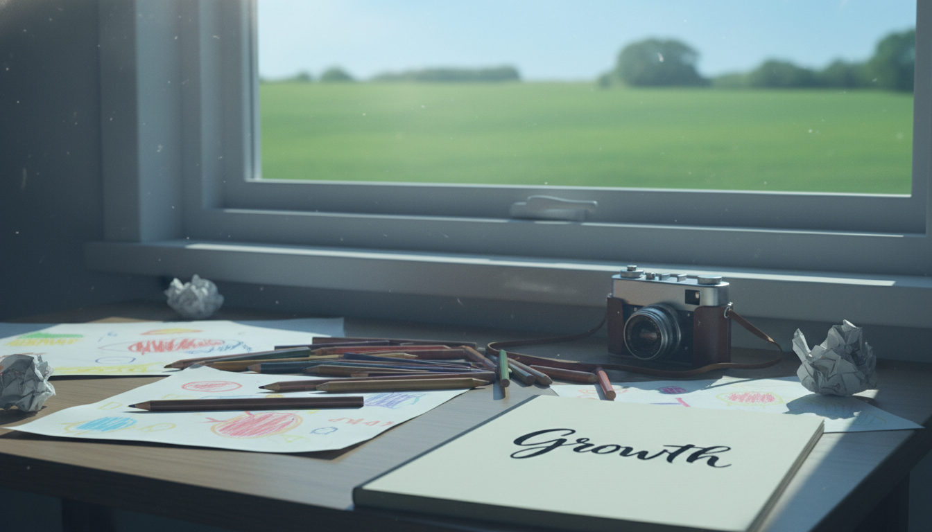 푸른 들판이 보이는 창가에 놓인 아이의 그림 책상과 스케치북