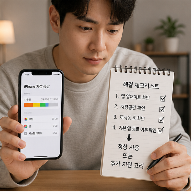 iOS 26.5 앱 튕김 이후 정상 사용 가능 여부를 최종 판단하는 모습