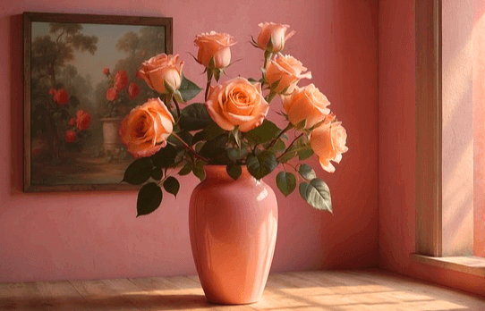 살구색 꽃병에 살구색 장미꽃들이 가득 꽂혀있다. 벽에는 장미꽃 그림이 그려진 액자가 있다.