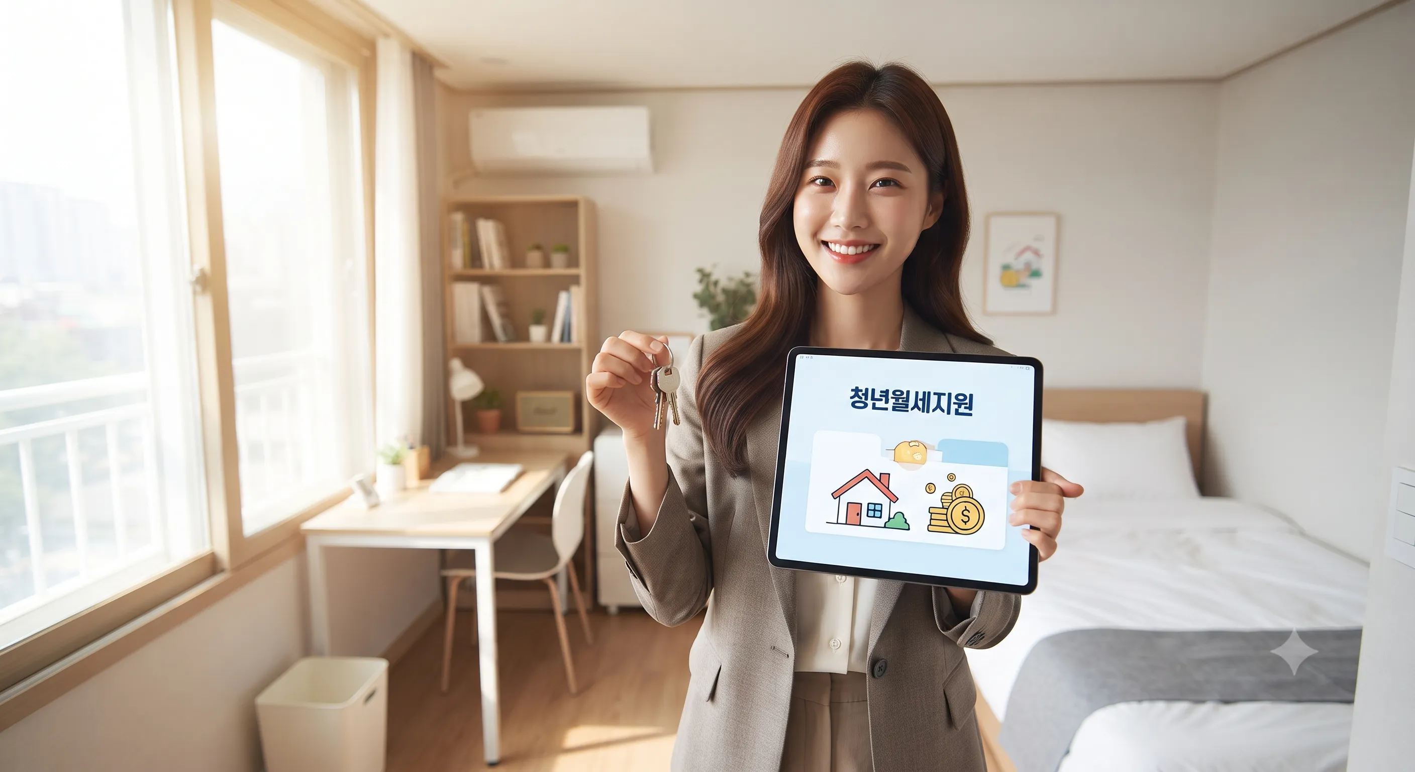 자취방 안에서 집 열쇠와 청년월세지원 아이콘이 화면에 띄워진 태블릿 PC를 들고 미소 짓는 여성