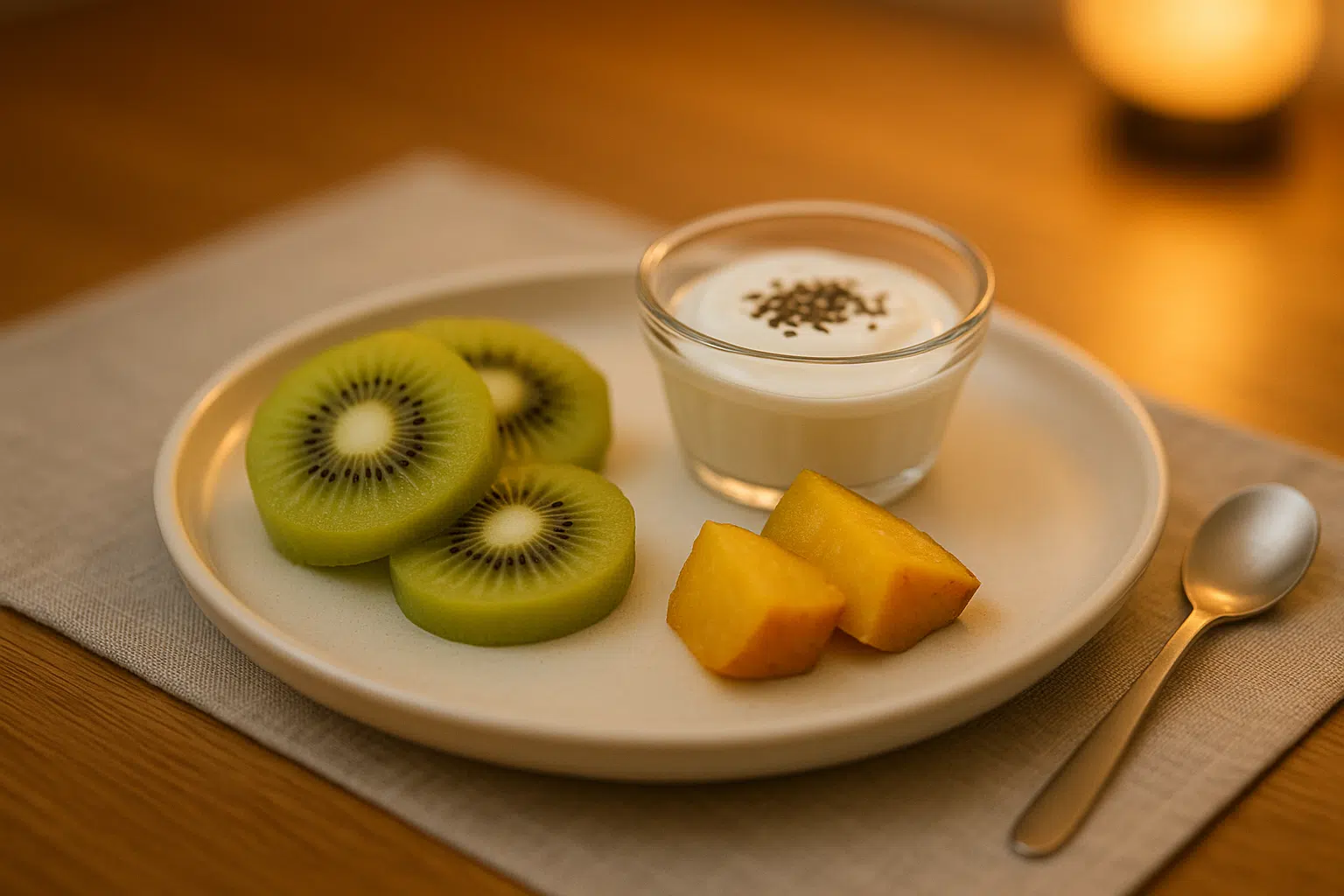 접시에 놓인 잘 익은 키위, 플레인 요거트와 치아씨드, 소량의 익힌 고구마, 깔끔한 식탁 위의 소량 간식