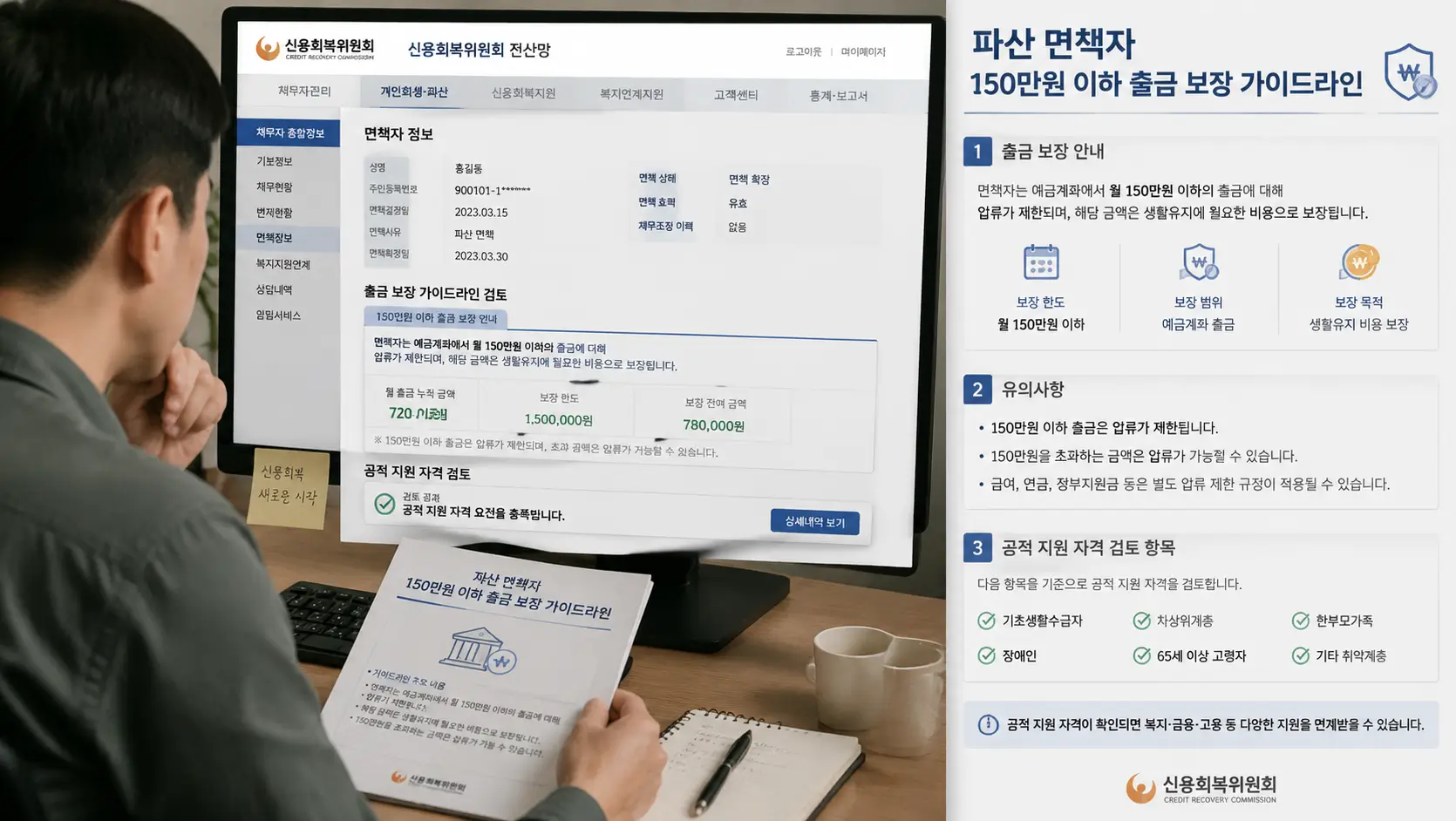 파산 면책자 150만원 이하 출금 보장 가이드라인과 공적 지원 자격을 신용회복위원회 전산망으로 검토하는 채무자