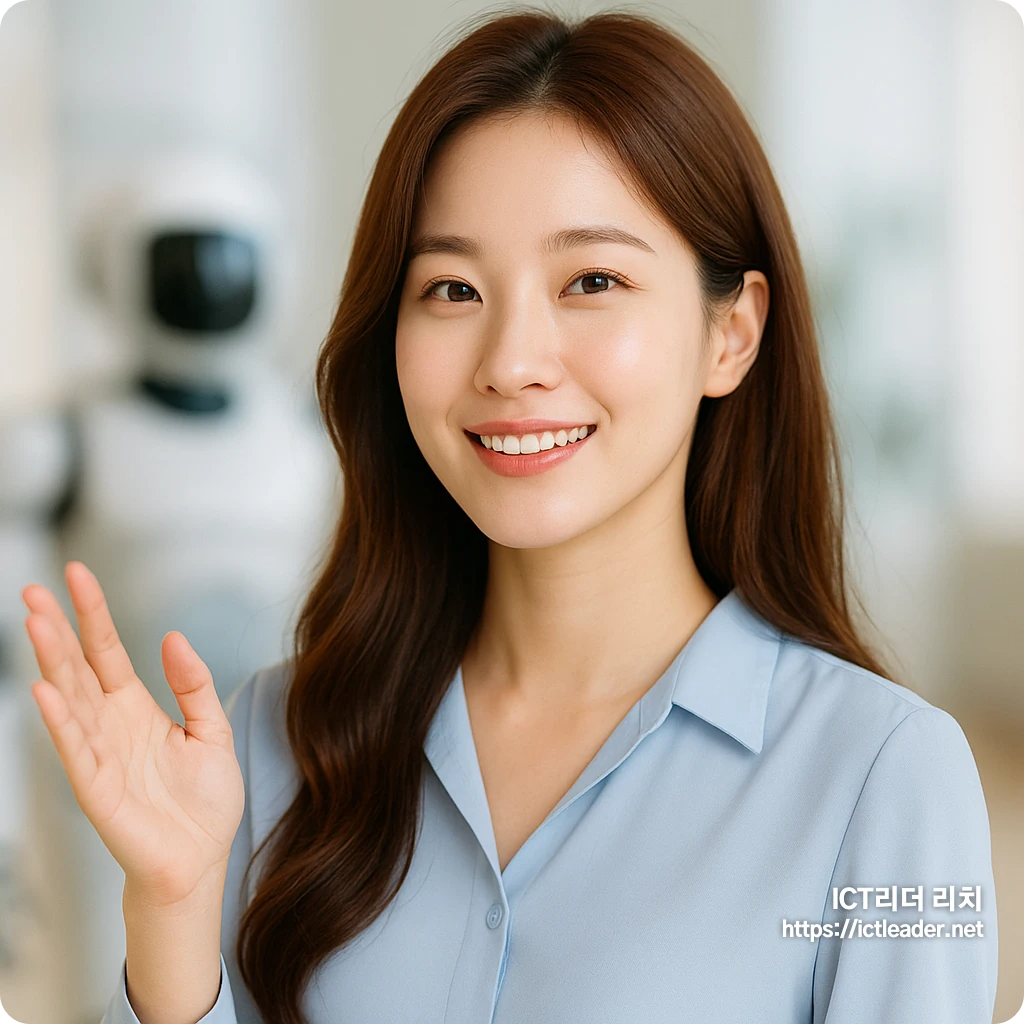 밝은 조명 아래 자연스럽게 포즈를 취하는 20대 여성 전문가, 피지컬 AI를 은유하는 고품질 썸네일 이미지