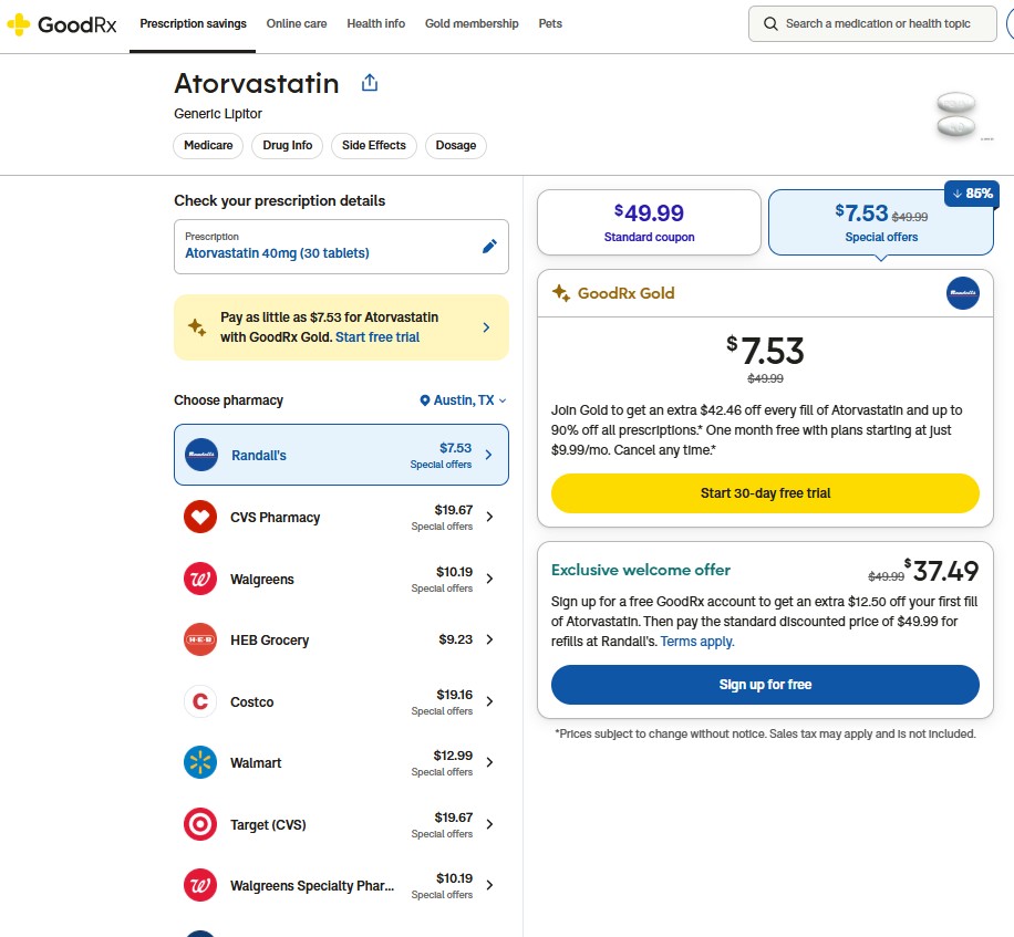 GoodRx medication search result