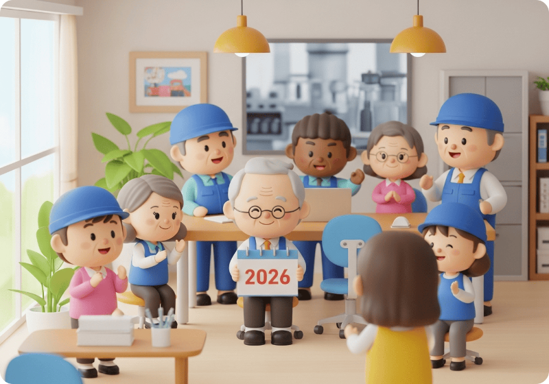 2026년 고령자 고용정책 확대를 표현한 3D 일러스트. 귀여운 노년 근로자와 젊은 직원이 함께 일하고 있고, ‘2026’ 달력과 금화가 고용지원 확대를 상징한다. 밝고 따뜻한 파스텔톤의 단순하고 귀여운 스타일.
