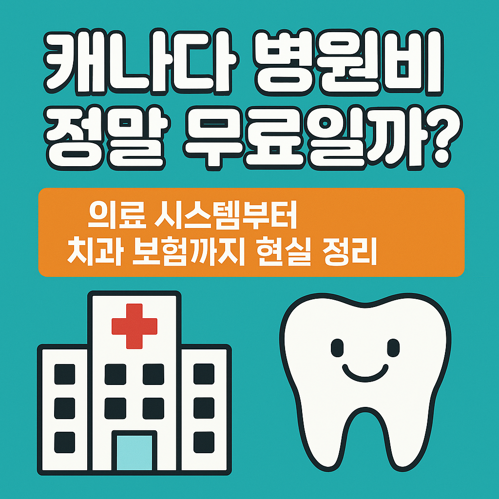 캐나다 병원비와 치과 보험에 대한 정보가 담긴 블로그 썸네일, 병원 아이콘과 웃는 치아 그림 포함