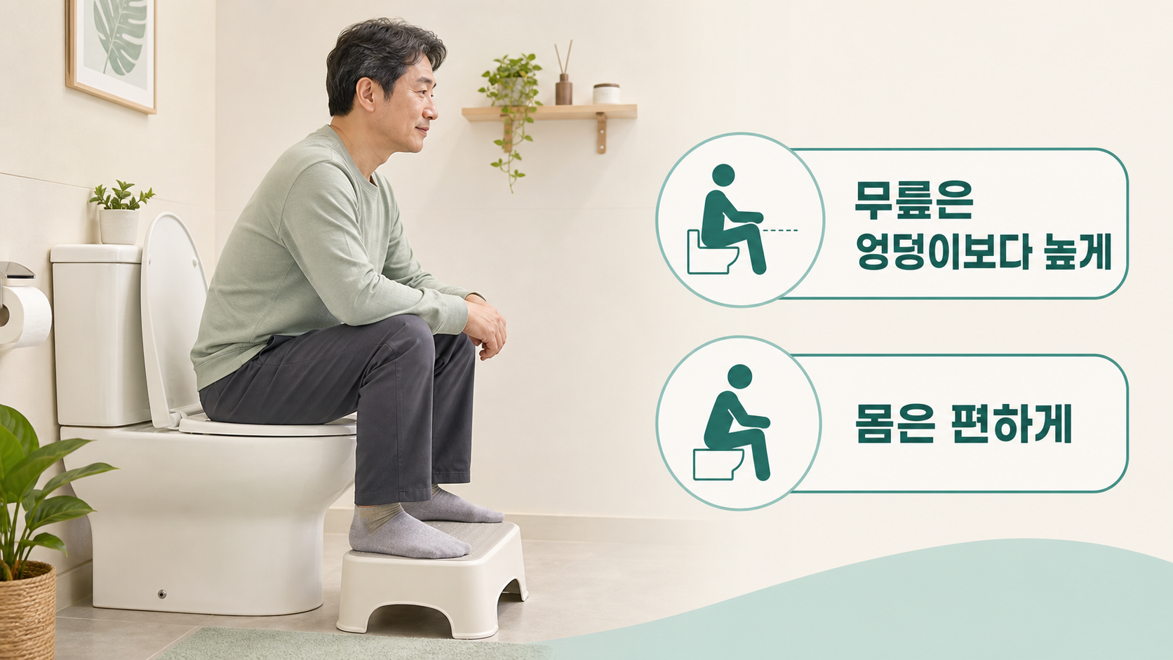 변비가 있을 때 낮은 발판으로 무릎을 높인 아침 화장실 자세