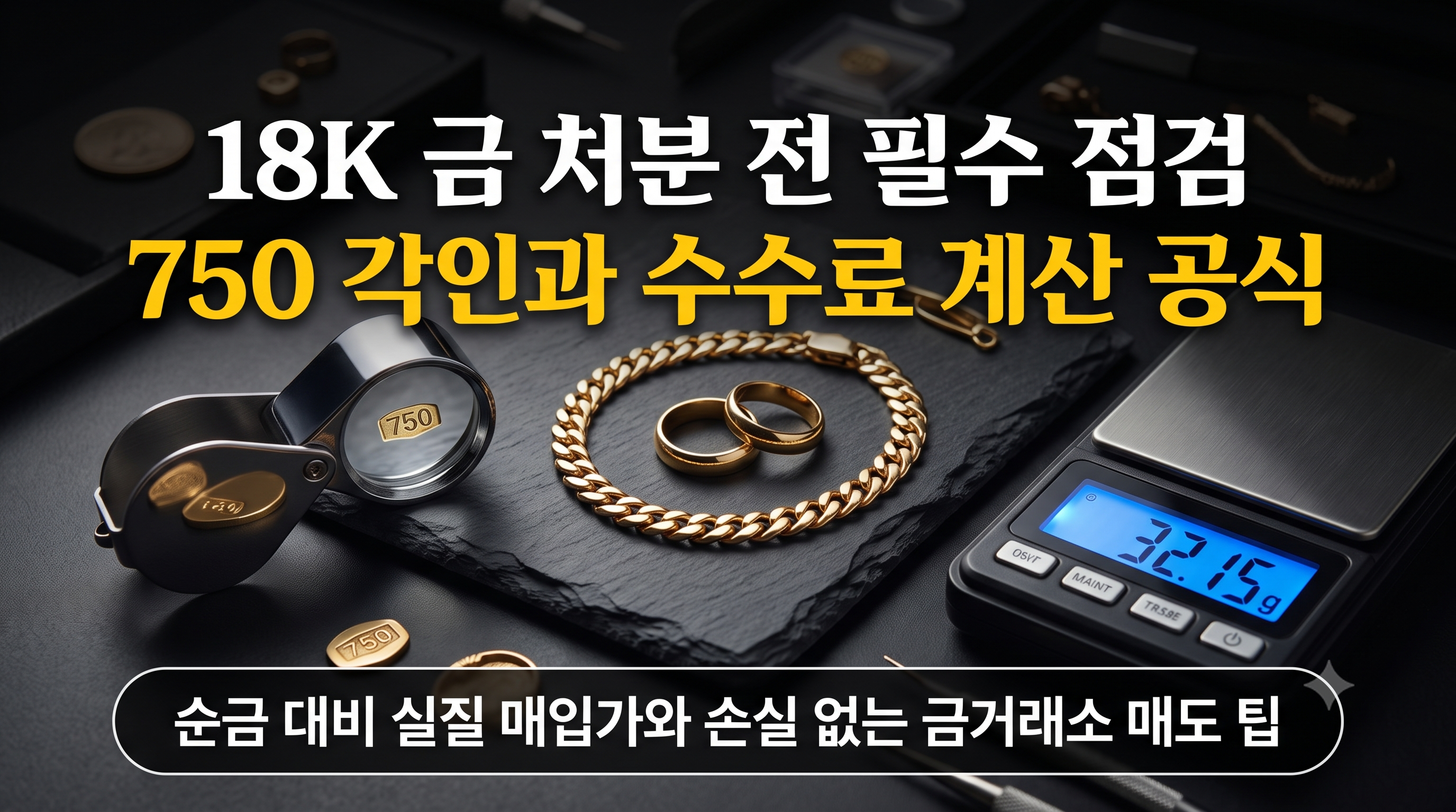 18K 금시세 매도 시 손실을 줄이기 위해 주얼리 안쪽 750 각인과 정밀 저울 중량을 확인하는 전문 금거래소 매입 검수 과정