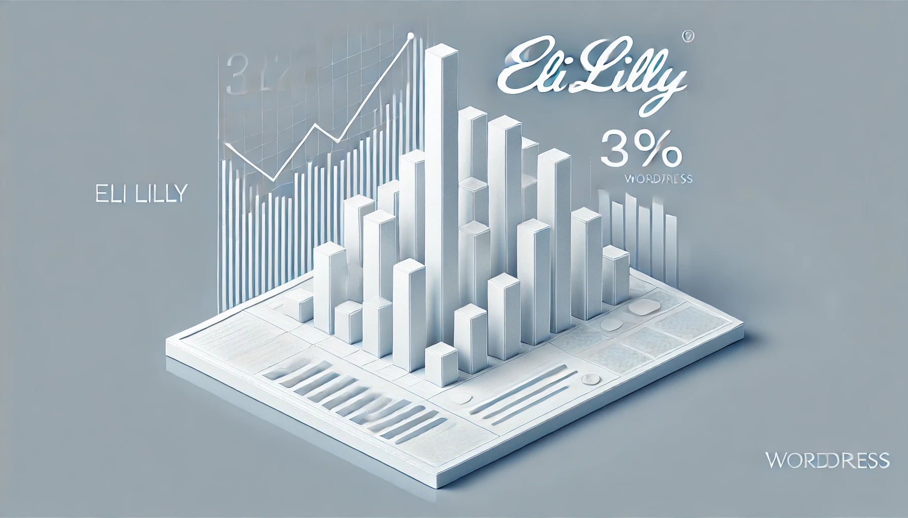 가운데 하얀색 사각형이 오른쪽 45도로 입체적으로 보입니다. 위에는 서로 높낮이가 다른 하얀색 직사각형 막대들이 서로 엇갈려있고 옆에는 막대그래프와 꺾은선 그래프가 보입니다. 그리고 다른쪽 면에는 3%라는 문구가 적혀있습니다. 바탕은 회색입니다.