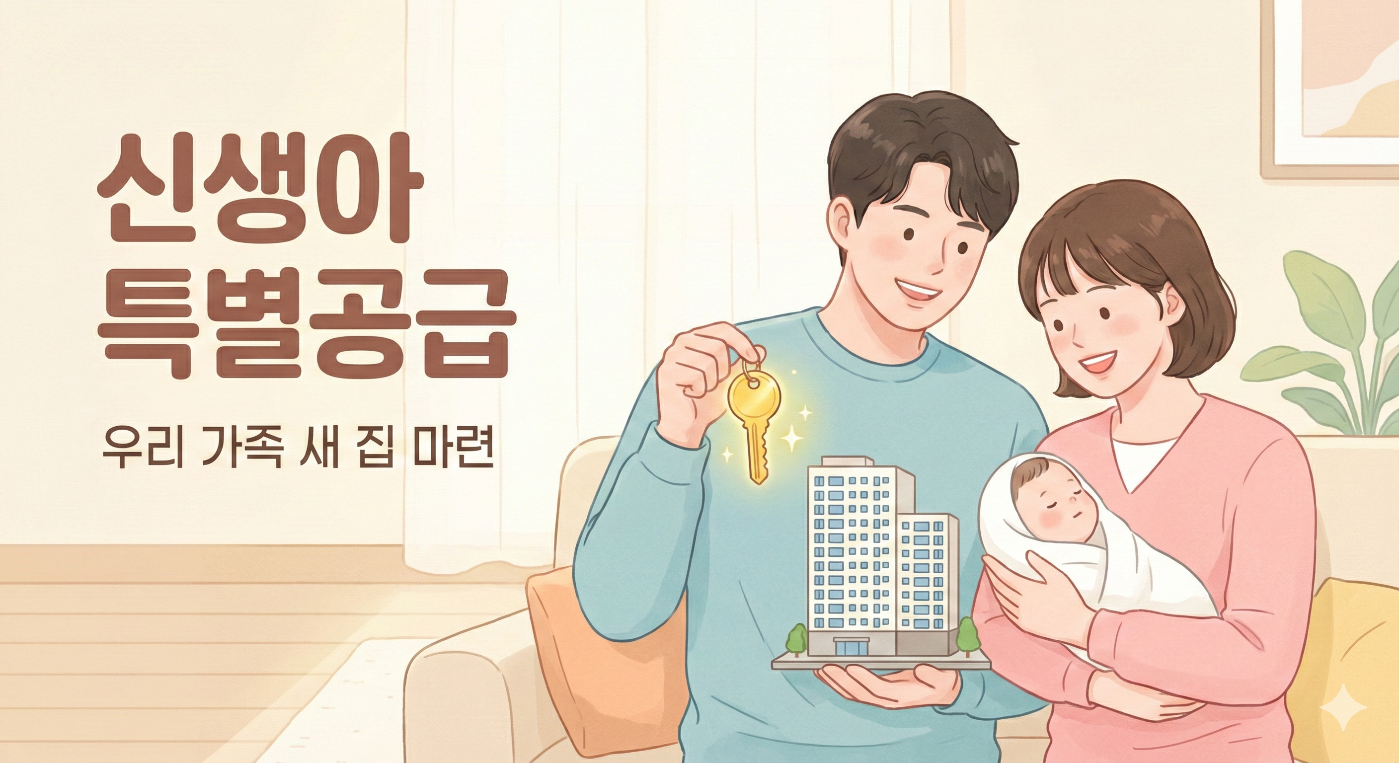 2026년 신생아 특별공급 조건 및 소득 기준 완화 (행복한 신혼부부가 아기를 안고 아파트 열쇠와 모형을 들고 내 집 마련의 꿈을 이룬 따뜻한 일러스트)