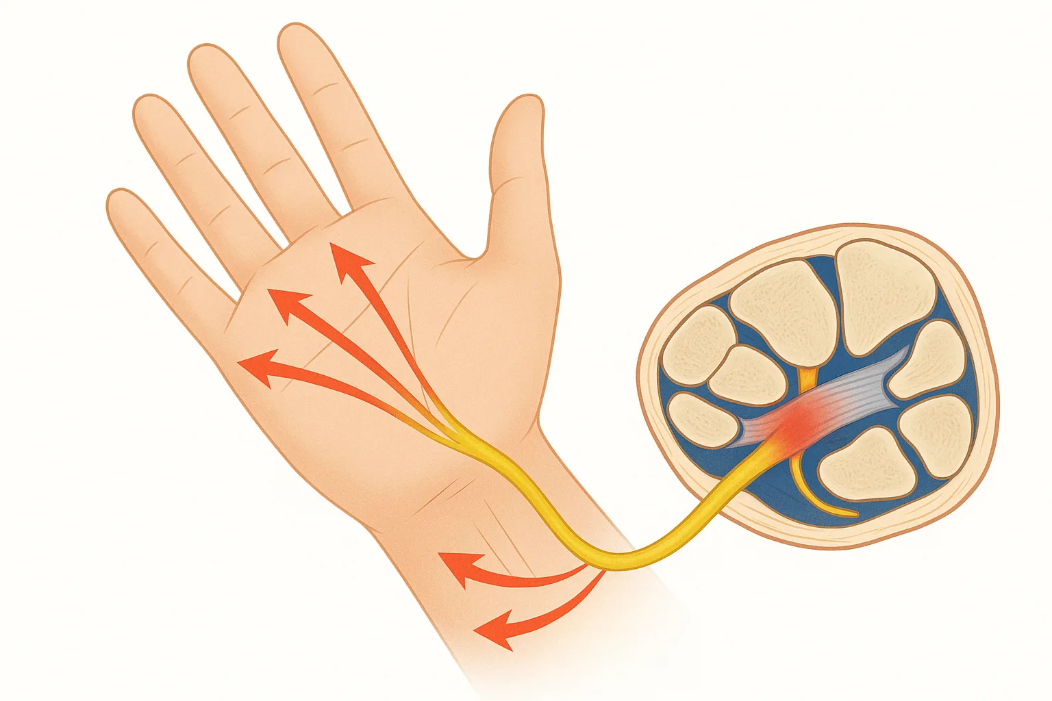 정중신경이 압박되어 손 전체로 퍼지는 저림과 통증