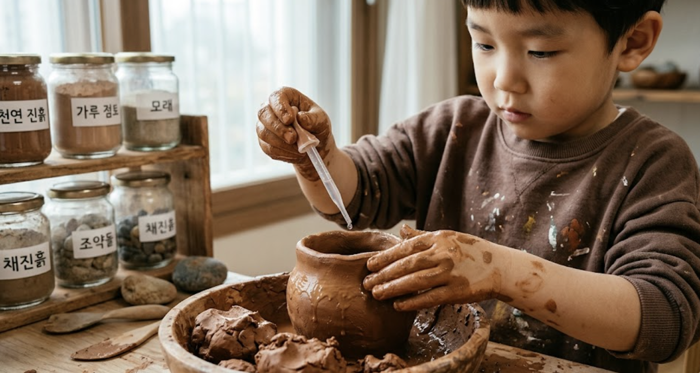 레지오 에밀리아 교육 철학을 바탕으로 천연 진흙(Natural Clay)에 물을 떨어뜨리며 점도와 상태 변화를 탐구하는 아이의 손길