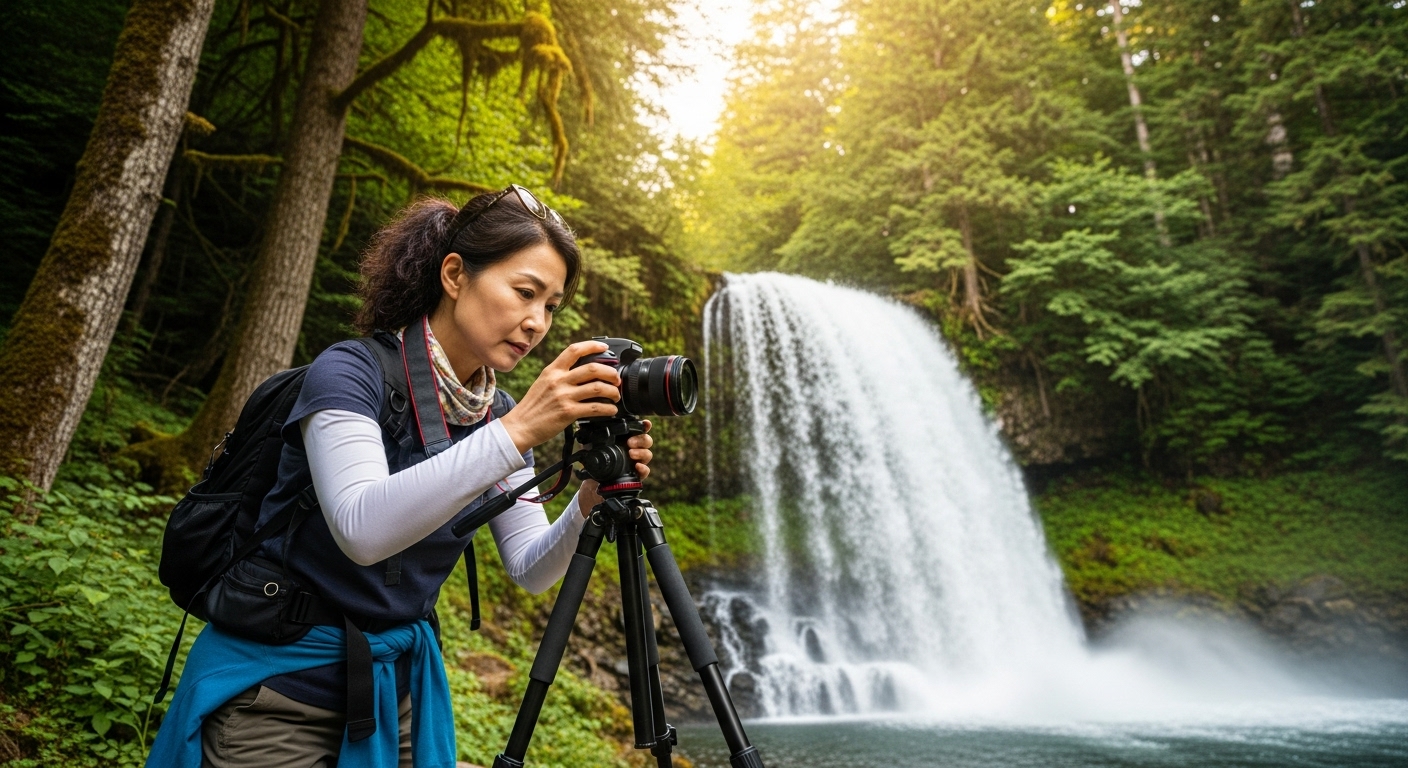 50대 한국인 여성, 폭포 옆에서 삼각대 카메라 조정하는 장면