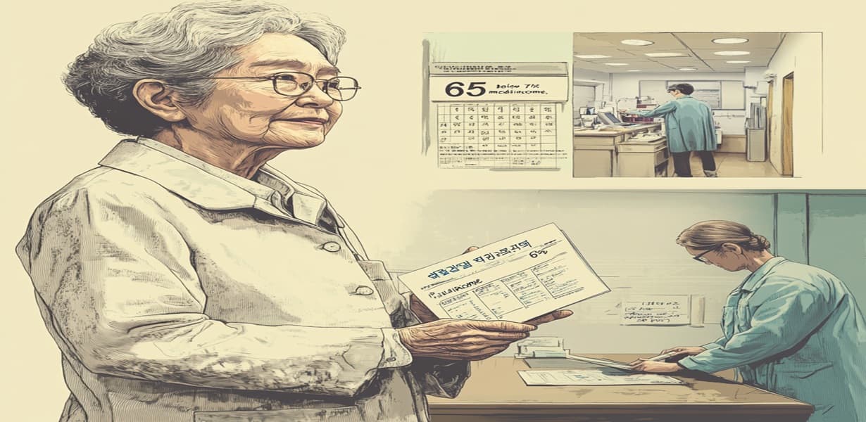 연령 65세 이상, 소득 중위 70% 이하, 병원에서 건강 확인을 받는 노인 모습 – 2025년 노인맞춤돌봄서비스 대상 조건을 나타내는 시각 자료