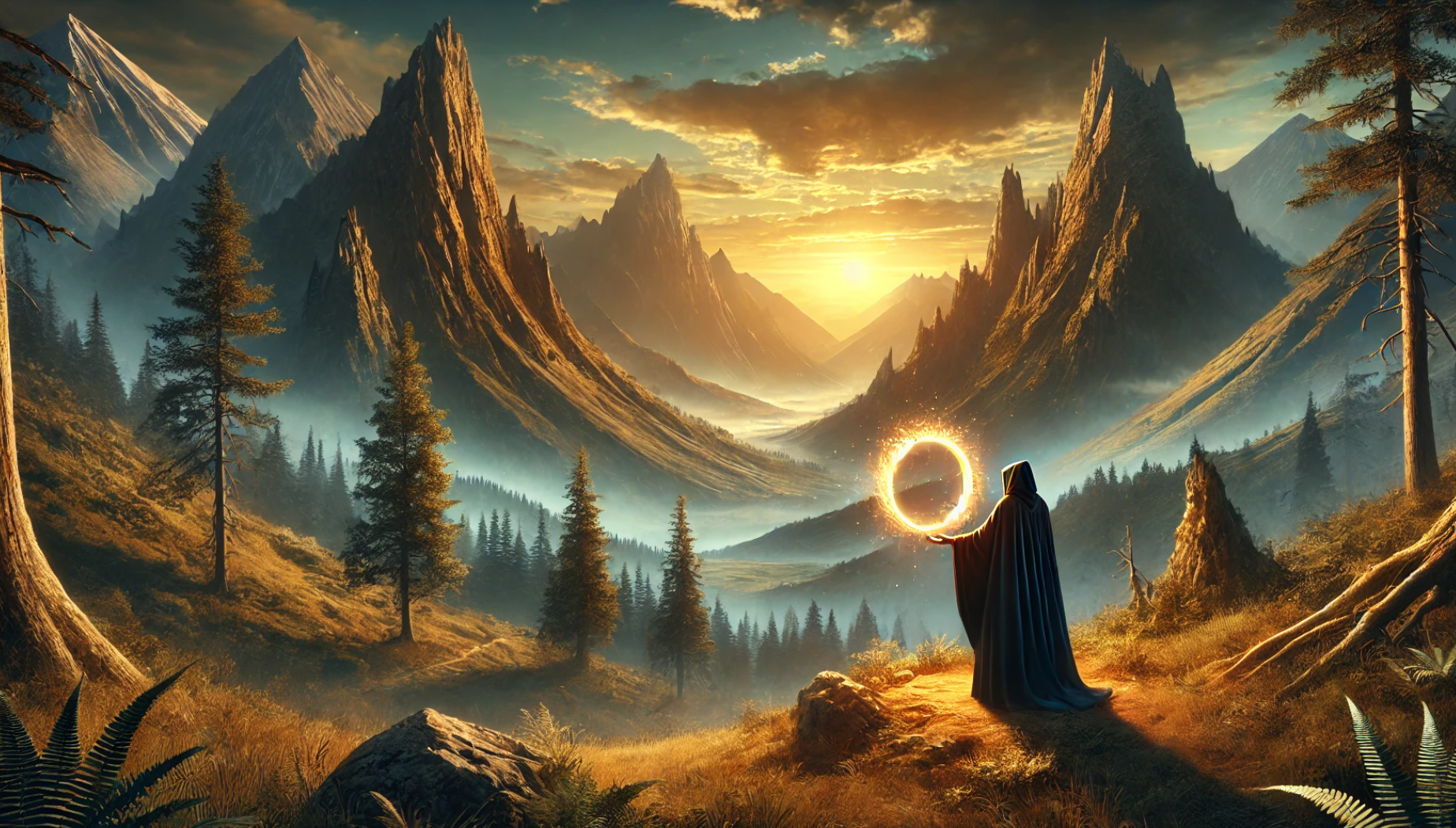 광활한 판타지 세계와 신비한 반지를 든 여행자의 모습