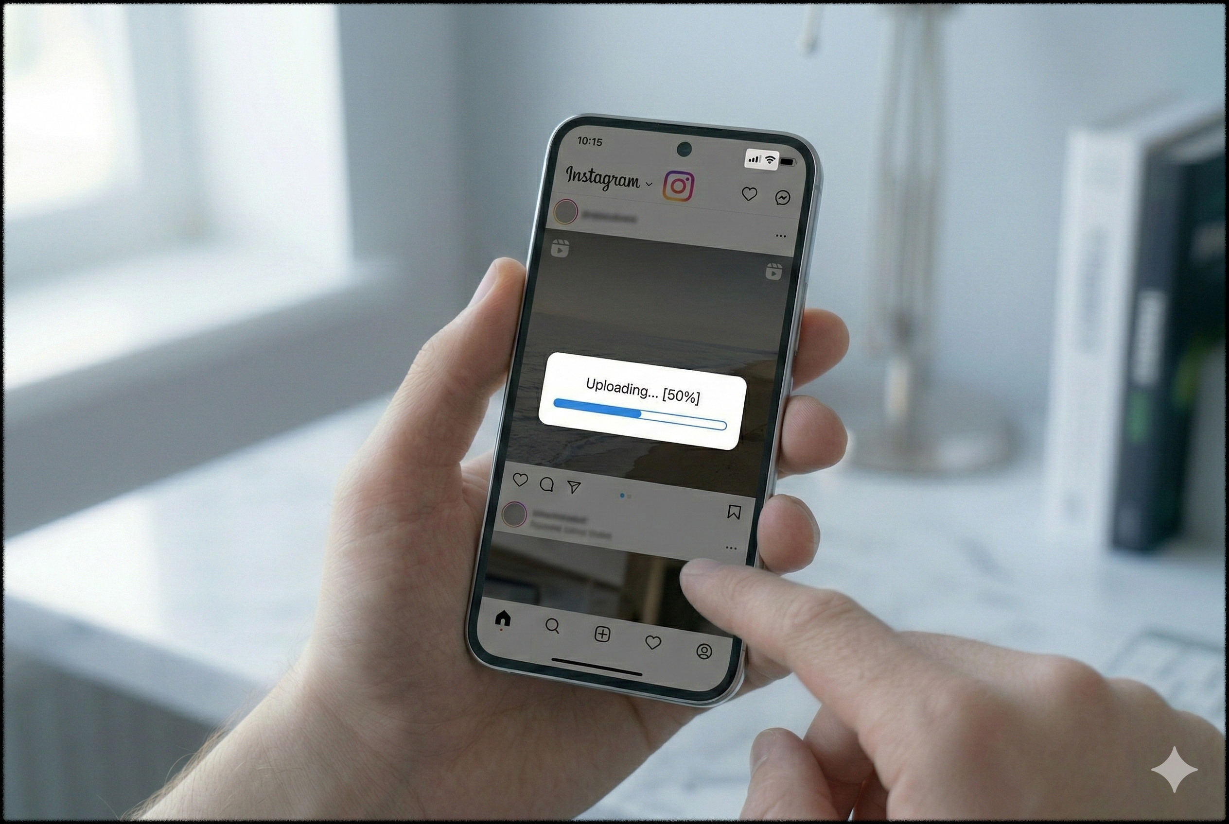 모바일 신호가 약한 상태에서 릴스 업로드가 멈춘 모습