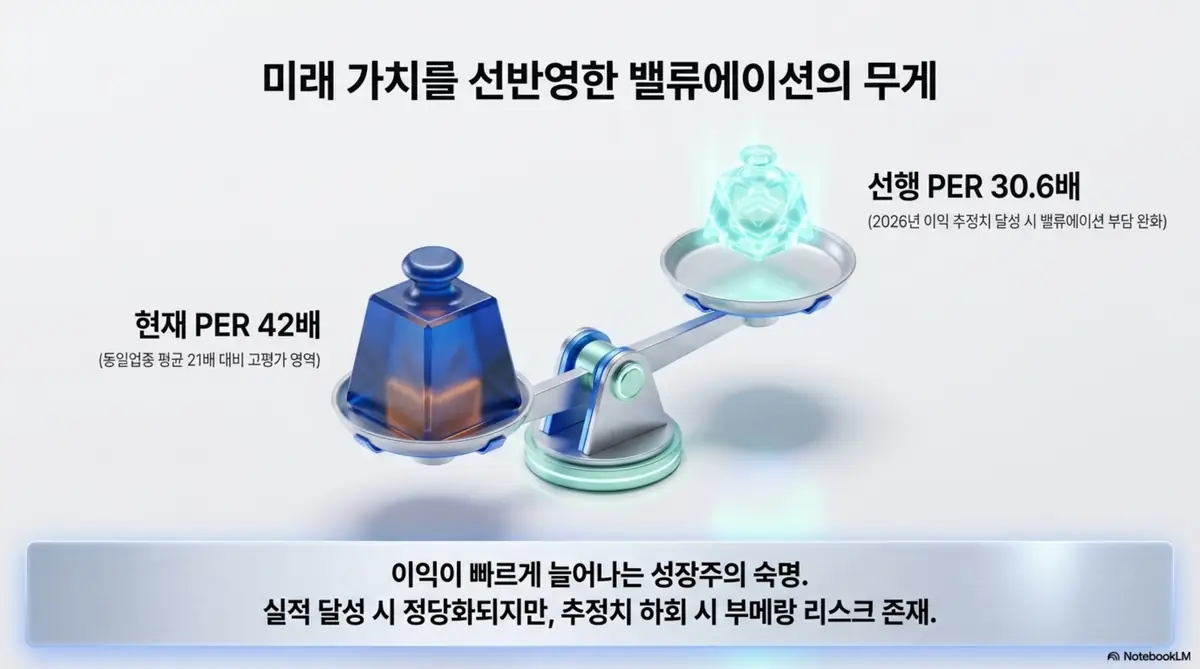 피에스케이 주가 전망: 피에스케이의 밸류에이션 부담을 저울로 표현한 이미지. 현재 PER 42배가 동일업종 평균 21배 대비 높은 고평가 영역이지만 2026년 이익 추정치 달성 시 선행 PER 30.6배로 낮아진다는 양면성을 시각적으로 전달하며, 블로그의 피에스케이 목표주가와 밸류에이션 분석과 관련된 내용을 설명함