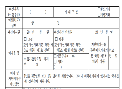 여신거래약정서 내용 중 적용 이자율 해당 부분입니다