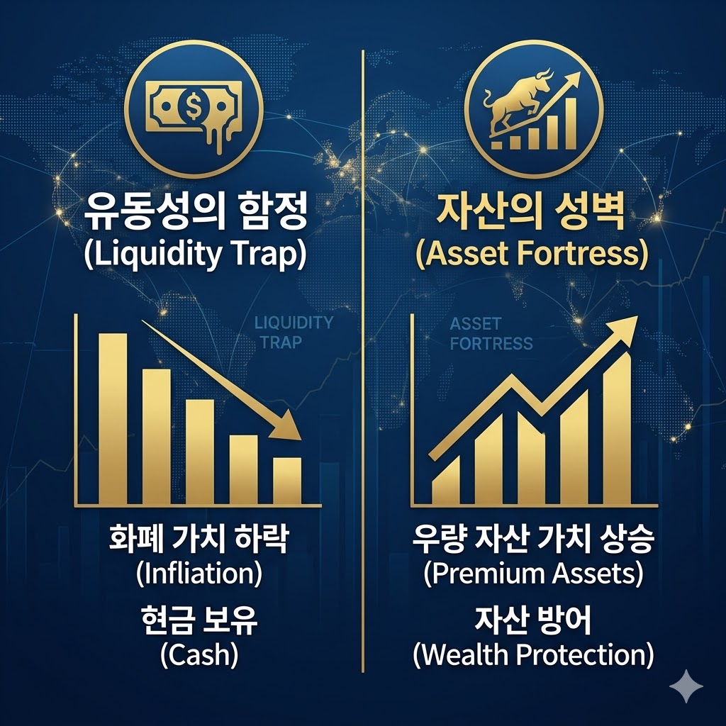 High-tech infographic chart comparing the value gap between holding cash (Liquidity Trap) and premium assets (Asset Fortress) in an era of inflation.