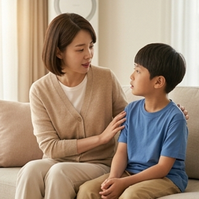 엄마가 아이 곁에 앉아 나지막하게 이야기를 나누는 따뜻한 거실 장면