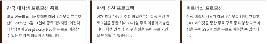 2025년 8월 현재 Perplexity 무료 이용 현황 섹션 정리 이미지