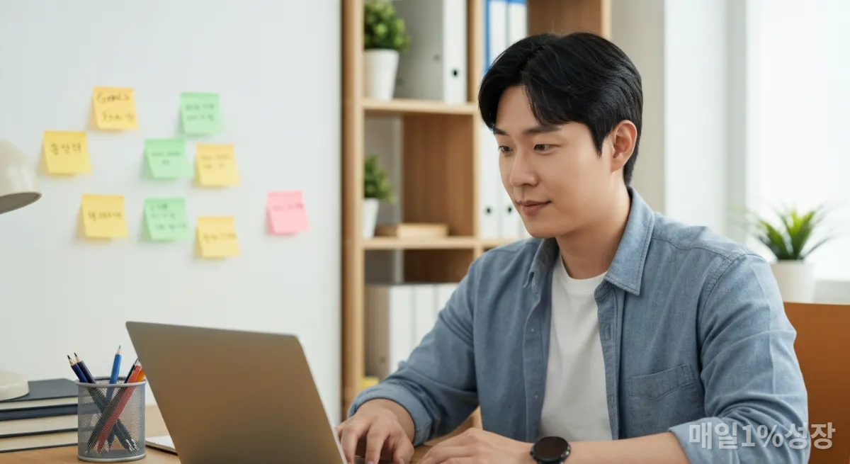 홈 오피스에서 노트북으로 재정 계획을 검토하는 젊은 한국 남성