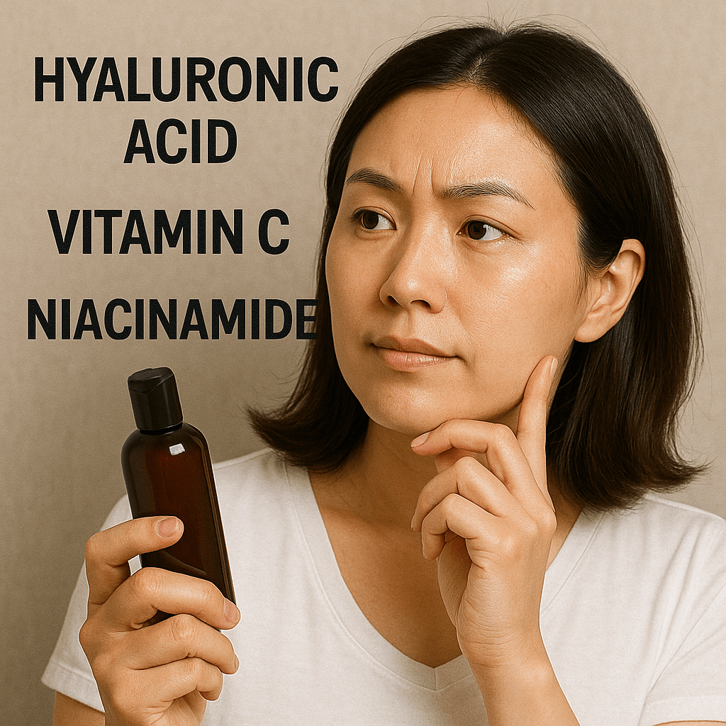 피부에 좋은 성분들을 보고 어떤 화장품을 고를지 고민하는 여성의 모습