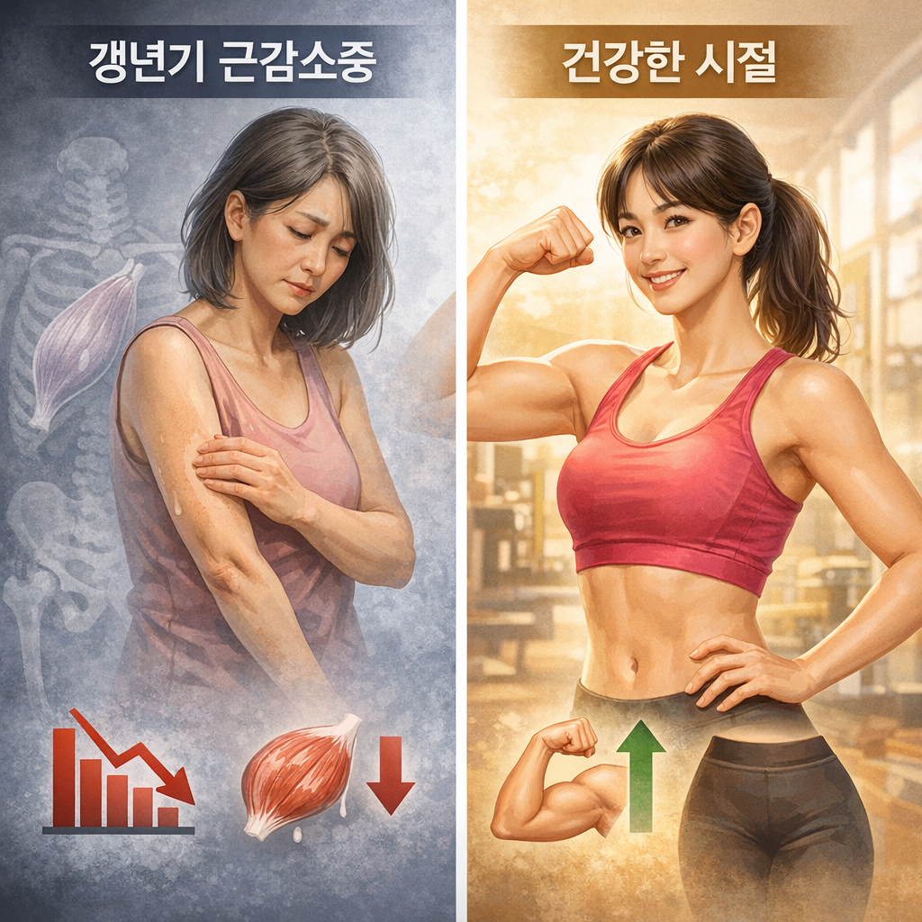 갱년기 근감소증, 에스트로겐 감소로 근육이 줄어드는 변화를 보여주는 이미지