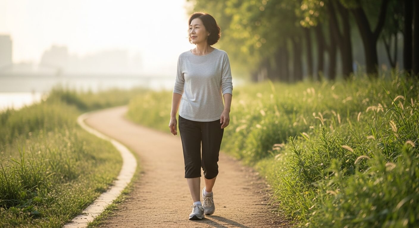 아침 햇살 아래 강변 산책로를 걷는 중년 한국인 여성의 건강한 일상 모습