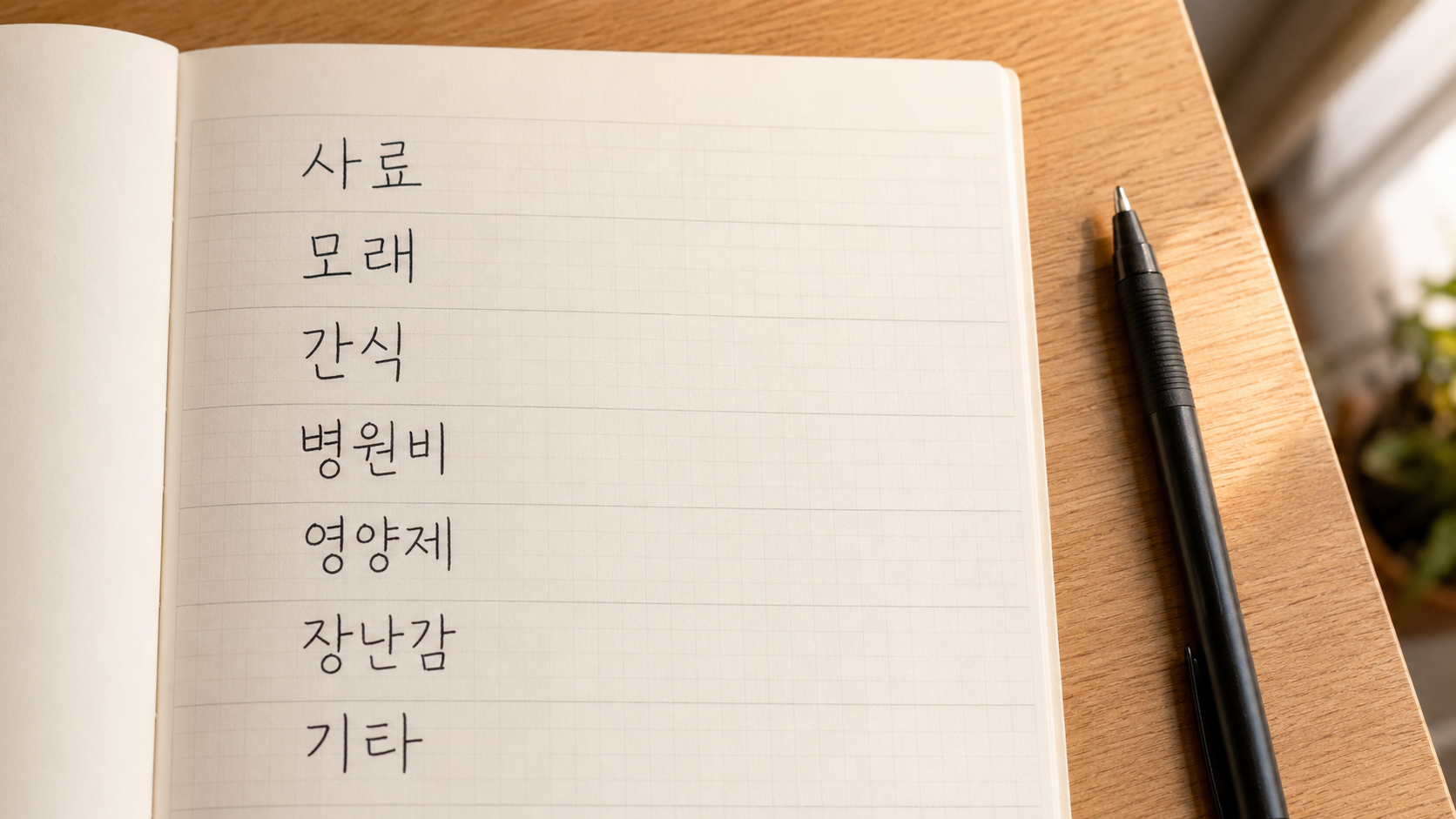 고양이 지출 항목을 손으로 적어 내려간 가계부