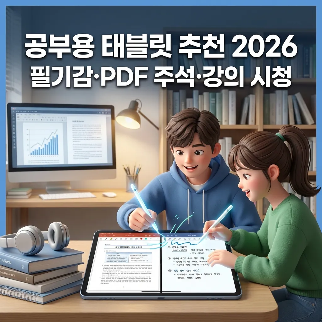 2026년 공부용 태블릿 추천 필기감과 PDF 주석 강의 시청에 최적화된 학습용 태블릿을 설명하는 한국인 3D 캐릭터와 스터디룸 배경