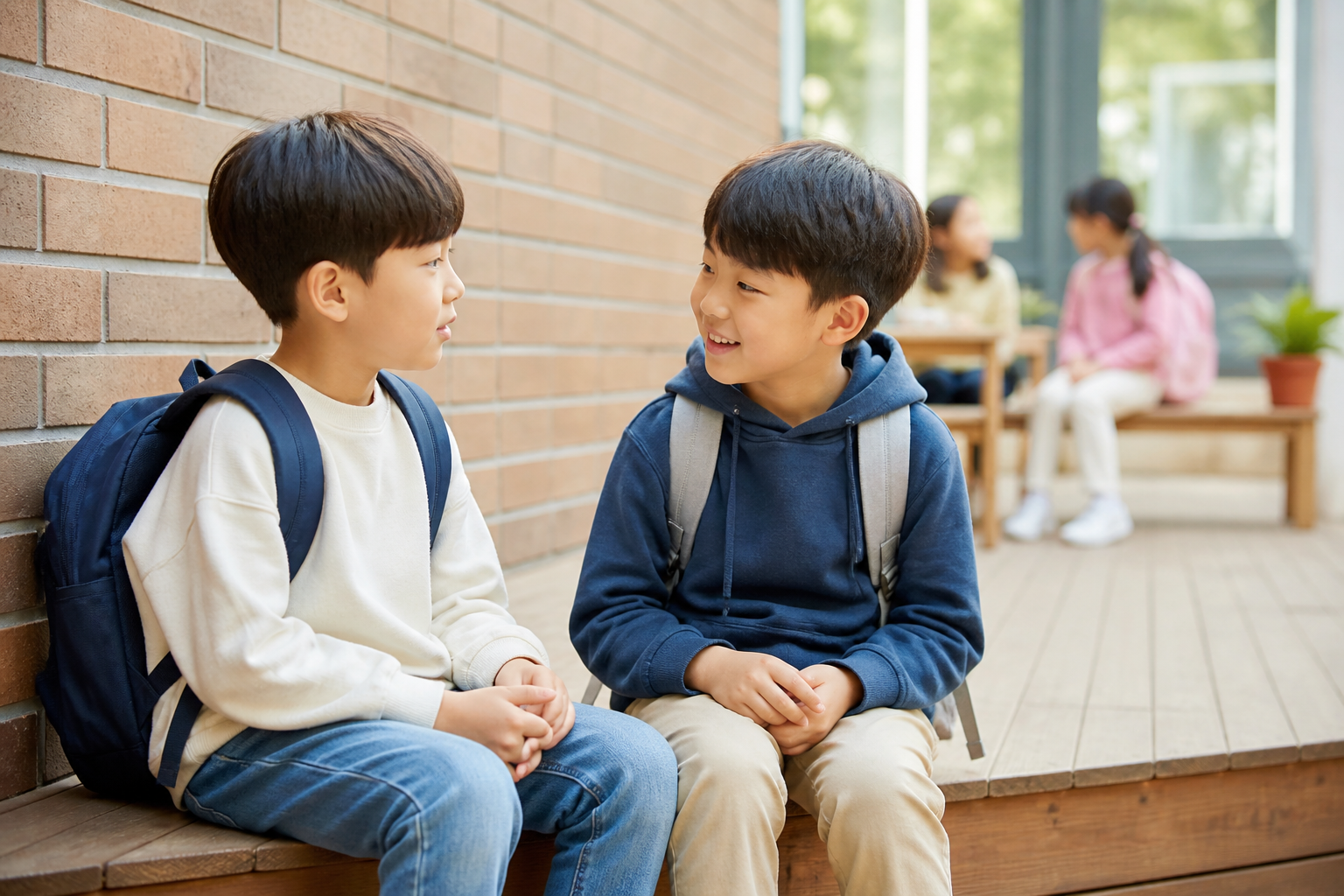 친구와 둘이서 이야기를 나누는 모습