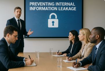 보안 교육에 참여 중인 공직자들이 발표자를 주의 깊게 바라보며 메모를 하는 이미지