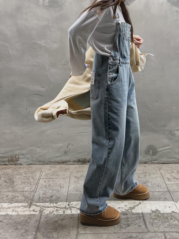 S~XL 와이드 롱 연청 데님 멜빵바지 오버롤 점프수트