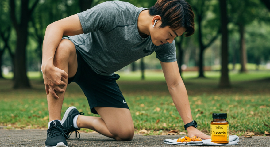 조깅 후 무릎 스트레칭을 하는 남성
