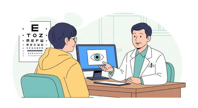 스마일 라식을 고민하는 10대 후반&middot;20대 초반 학생의 안과 상담 장면