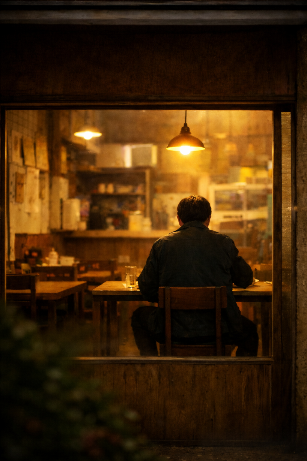 따뜻한 조명 아래 작은 식당에서 혼자 식사하는 남성, 고요한 공간 속에서 사유와 고갈의 감정을 담은 장면